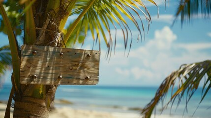 An empty wooden signboard on a palm tree on a quiet beach, with the gentle rustling of palm fronds in the wind.