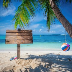 An empty wooden signboard attached to a palm tree on a serene beach, with a beach ball and flip-flops nearby.