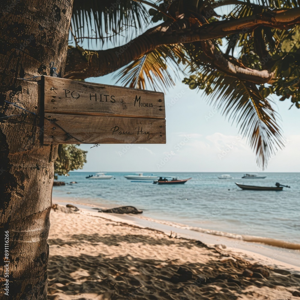 Poster a rustic wooden signboard attached to a palm tree trunk on a beach with golden sand, with boats visi
