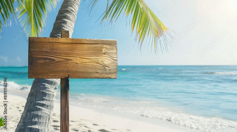 Poster a simple wooden signboard on a palm tree on a white sandy beach, with a clear horizon line and calm 