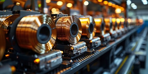 Fototapeta premium Electrical equipment. Electricity cable on the production line. Electrical equipment.
