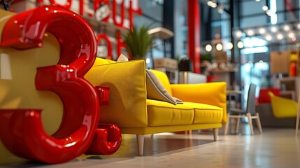 voluminous red numbers 25 percent are on a yellow sofa in a furniture store