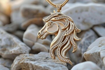 Golden horse pendant with intricate details and gems.