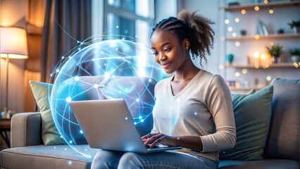 Networking filtering hologram screen futurist working business woman meeting online customer service 