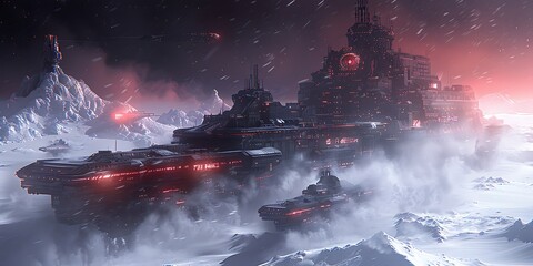 Fantasy landscape with fantasy alien planet and spaceship. 3d illustration