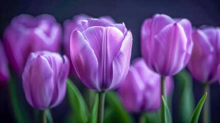 Fototapeta premium Purple tulip flower blooming surrounded by green leaves is creating breathtaking view