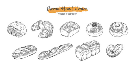 Bread in Hand-drawn style set , Bakery sketch. Bread in black outline . Drawing of food elements , Vector illustration isolated on white background