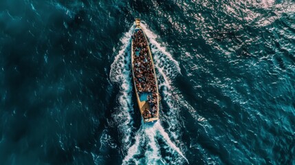 Obraz premium a boat filled with immigrants approaching a coastline