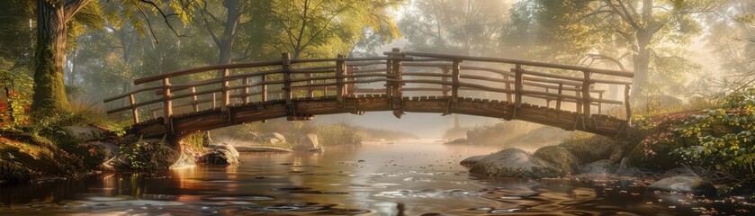 Obraz premium Natural timber bridge over a forest stream, rustic design, rich wood tones, serene woodland backdrop, realistic textures, soft morning light