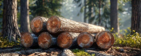 Stacked timber logs in a natural forest setting, freshly cut, detailed wood grain, warm earthy tones, soft ambient light, realistic textures