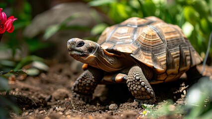 Obraz premium Close-up of a tortoise walking in a garden, surrounded by greenery and a vibrant red flower, showcasing its detailed shell and natural habitat.
