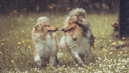 2 rough Collies Langhaar sable schottisch outdoor im Sommer miteinander spielend Var. 5