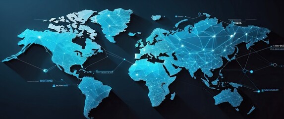 A digital world map highlighting global connectivity through a network of data lines, illustrating modern technology and international relationships