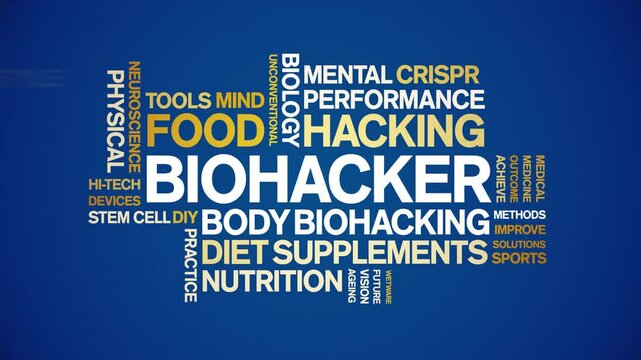 Biohacker animated word cloud;text design animation tag kinetic typography seamless loop.