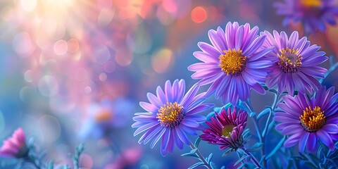 Fototapeta premium Beautiful purple daisies on the background of a beautiful bokeh.
