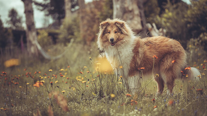 Portrait rough Collie Langhaar sable schottisch outdoor im Sommer  Wald Var. 3