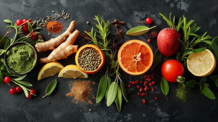 A vibrant and fresh arrangement of ingredients on a dark, textured surface.