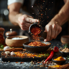 person sprinkling red chili flakes into a bowl, surrounded by various spices and ingredients like cinnamon sticks, garlic, turmeric, and fresh chili peppers on a rustic kitchen table.