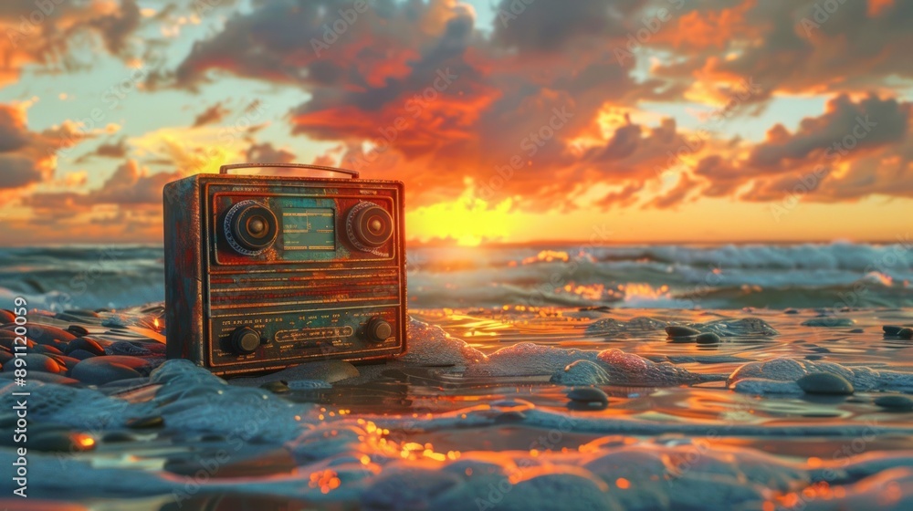 Canvas Prints vintage radio on the beach at sunset