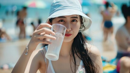 Young Woman in a White Hat Drinking Water on a Beach