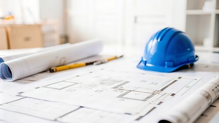 Detailed blueprints spread on a table at a construction site.