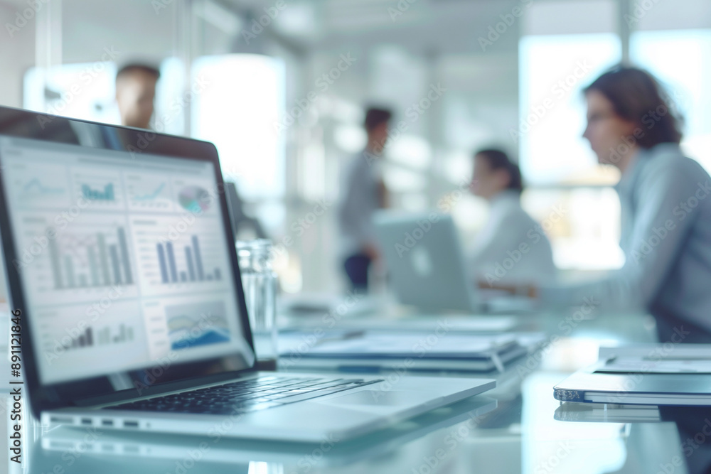 Poster laptop with data analytics on screen in office