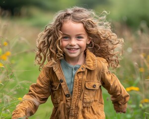 Excited Child Running Towards Camera in Green Field - High Quality Digital Photo with 90 mm f/4.0 Lens