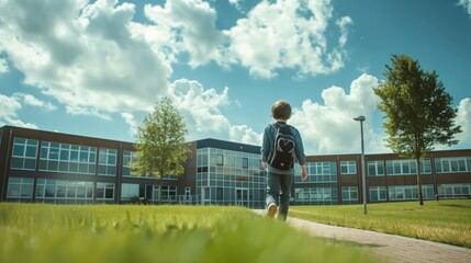 Young boy going to class to school building alone