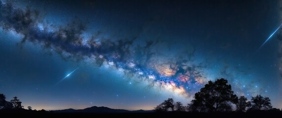 Fototapeta premium A stunning view of the Milky Way, showcasing a star-filled sky over a tranquil landscape, perfect for astronomy and nature enthusiasts.