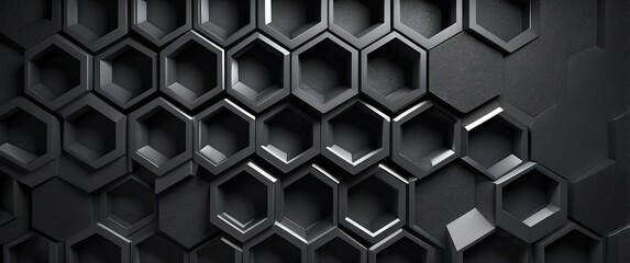 Naklejka premium A sleek black hexagonal pattern creating a modern and elegant textured wall, ideal for technology or contemporary design settings.