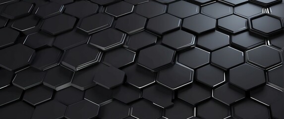 A modern black hexagonal texture, perfect for technology and industrial designs, creating a sleek, abstract atmosphere.