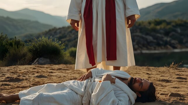 A man dressed in a white robe and sandals&mdash;a representation of Jesus Christ&mdash;steps over the serpent and crushes her head and entire body. allusion to God's promises and the Book of Genesis in the Bible 