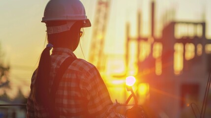 Naklejka premium Silhouette of a Construction Worker at Sunset