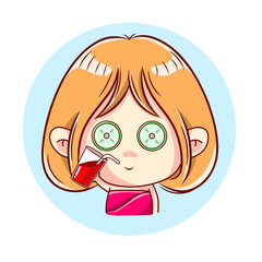 Kawaii cartoon woman wearing a cucumber mask and drinking juice