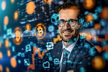 Professional Businessman Surrounded by Symbols and Digital Analytics in Corporate Office Environment