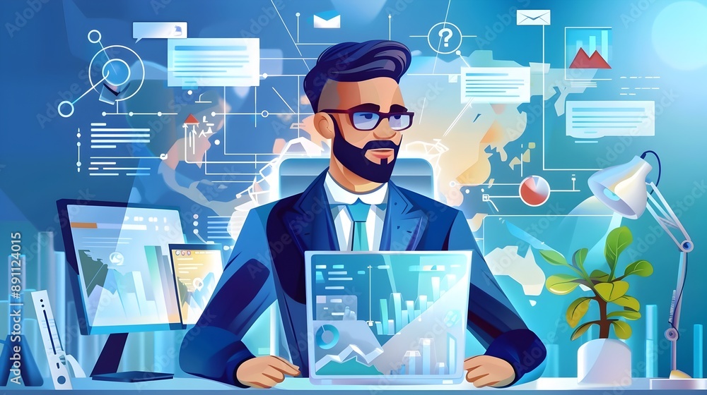 Poster business tech consultant analyzing data and strategy on digital workspace