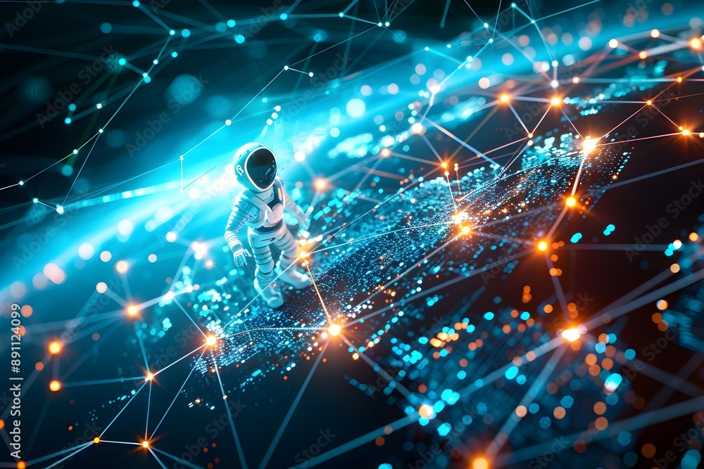 Aufkleber robot running in futuristic big data glow digital technology network backdrop