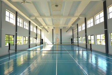 School badminton hall ,A person playing badminton on an indoor court
