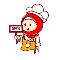 Cute cartoon Muslim chef holding an open sign