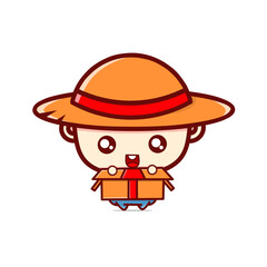 Cute cartoon farmer holding a gift box