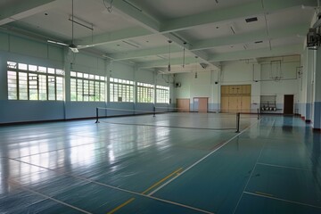 School badminton hall ,A person playing badminton on an indoor court
