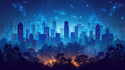 Fototapeta premium vector, illustration, flat, Seamless silhouette of the city. Cityscape with buildings. Simple blue background. Urban landscape. Beautiful template. Modern city with layers. Flat style vector illustrat