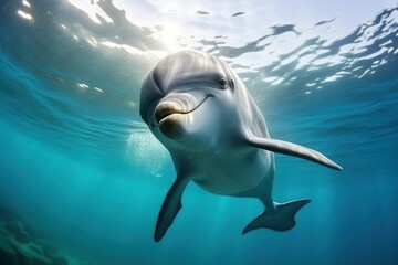 Obraz premium Beautiful dolphin underwater outdoors swimming.