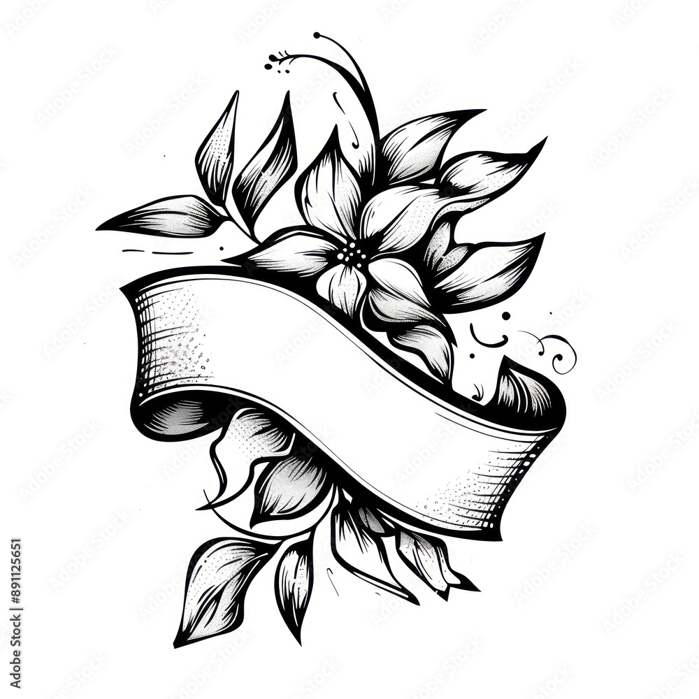 Poster ribbon with leafs pattern drawing sketch.