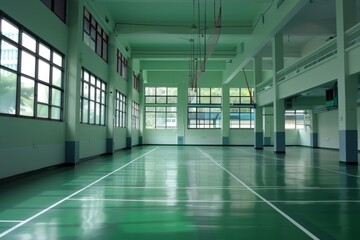 School badminton hall ,A person playing badminton on an indoor court