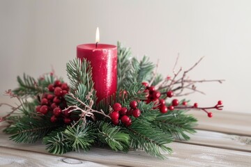 festive christmas candle and greenery decoration