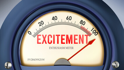 Excitement and Enthusiasm Meter that is hitting a full scale, showing a very high level of excitement, overload of it, too much of it. Maximum value, off the charts.  ,3d illustration