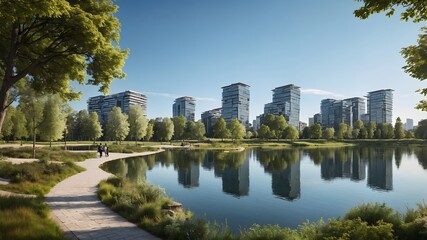 Obraz premium Nice city park by the lake with clear blue sky and modern building in background.