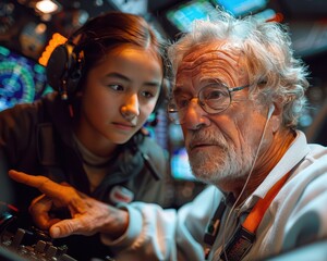 Senior pilot instructing junior pilot on flight simulator with 90mm f/4.0 lens in flight training facility