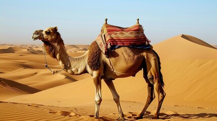 Majestic Camel Standing Proudly in a Desert Landscape, Capturing the Animal's Unique Features and Adaptation to Arid Environments